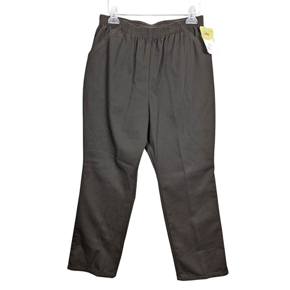 Chic Pull On Pants Womens 16 Petite Black Straight Leg Elastic Waist Ankle Work